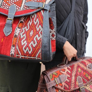 Handgewebte Kelim Reisetasche, Kelim Weekender Bag, Handgewebte Ledertasche, Unisex Boho Reisetasche, Vintage Teppich Reisetasche