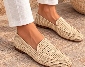 Women's Raffia Shoes, Moroccan Loafers Handmade, Beach Wedding Shoes, Woven Straw Loafers, Boho Slip On Shoes, Summer Flat mules for Women