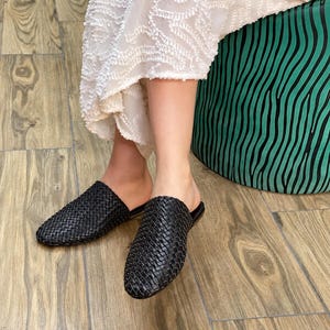 Black Leather Mules, Moroccan Handmade Woven Slides, Women's Flat Backless Sandals, Basketweave Leather Slippers, Babouche Mule Shoes