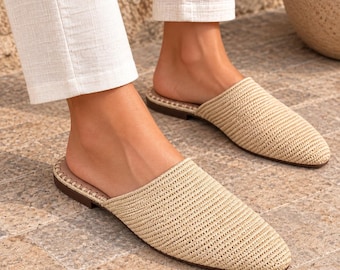 Mules de rafia para mujer, sandalias de paja sin cordones, sandalias de rafia tejidas a mano al estilo marroquí, zapatos de verano estilo boho, bailarinas de rafia natural, regalo para ella.