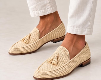 Mocasines de rafia para hombre, zapatos de boda hechos a mano, mocasines de rafia para hombre, zapatos de novio, boda de verano en la playa, zapatos sin cordones para él