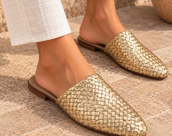 Mules de cuero trenzado hechas a mano, pantuflas bohemias marroquíes, sandalias de cuero para mujer, bailarinas de cuero trenzado, zapatos bohemios sin cordones, regalo para ella.