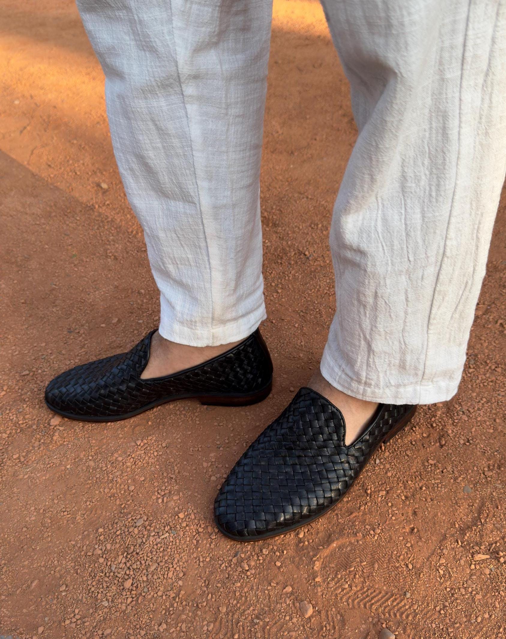Men's Handmade Braided Leather Loafers - Driving Moccasins for Men