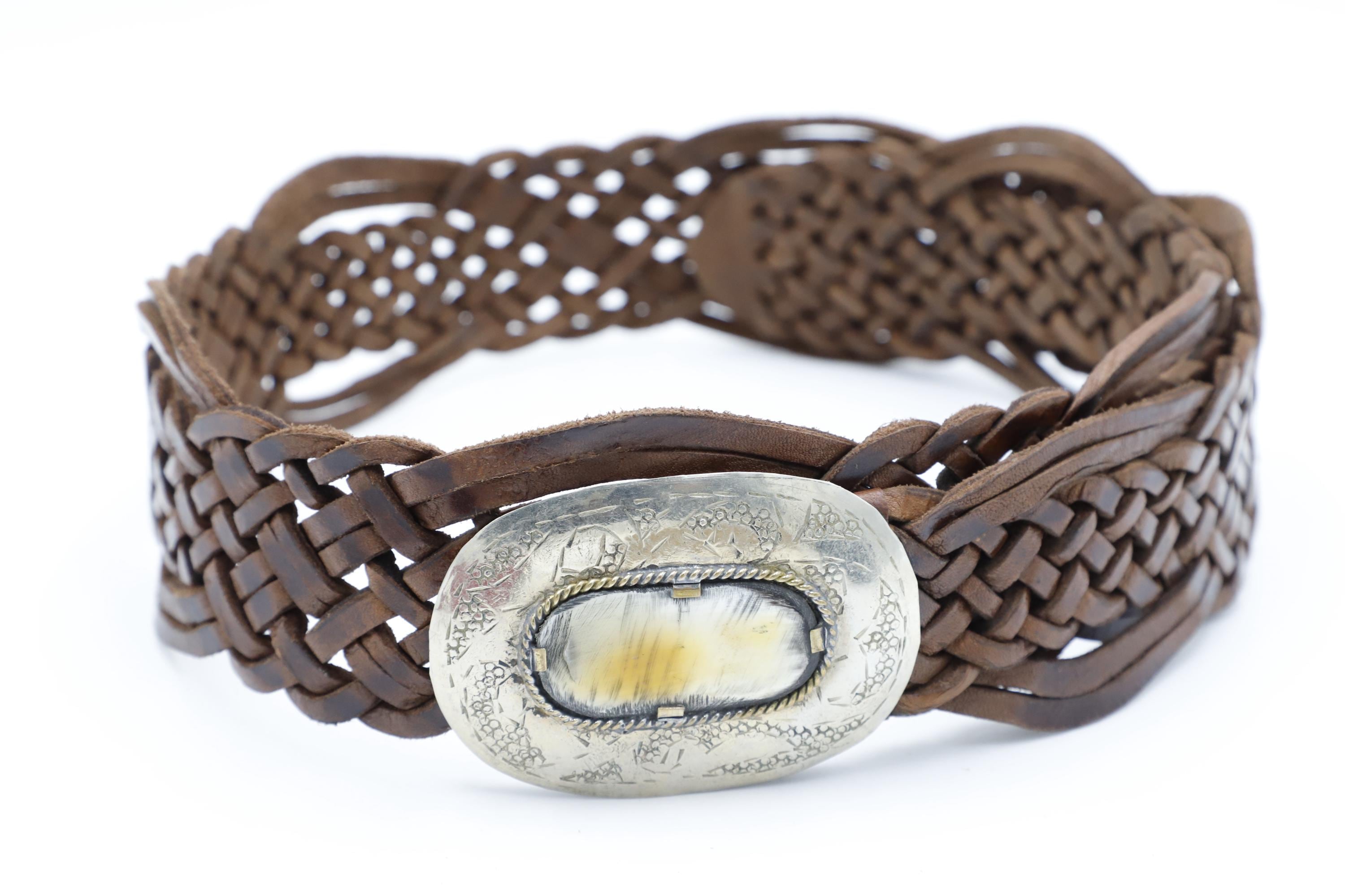 Braided leather belt with silver hammered buckle boho, western made in Morocco Vintage Moroccan Braided Leather Belt Large Metal Buckle  main image 3