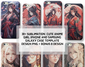 30+ Sublimation  Cute Anime Girl iPhone and Samsung Galaxy Case Template Design PNG + Bonus 8 Design Instant Download
