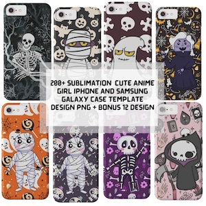 May include: Set of 10 phone case designs featuring cute anime characters in a Halloween theme. The designs include a skeleton, a mummy, a ghost, a vampire, and a grim reaper. The designs are perfect for sublimation printing.