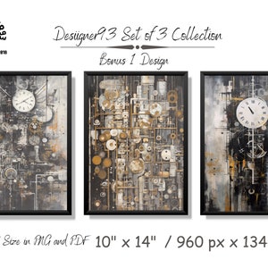 Set of 3 Abstract Steampunk Watercolor Oil Painting Design Digital Art Print PNG and PDF + 1 Bonus Design Instant Download
