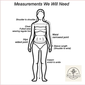May include: A black and white line drawing of a person with measurements marked for shoulder to shoulder, chest, waist, hips, sleeve length, and inseam.