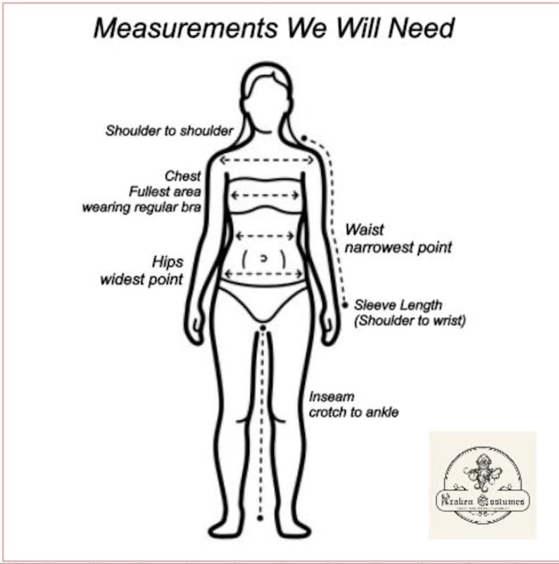 May include: A black and white line drawing of a person with measurements marked for shoulder to shoulder, chest, waist, hips, sleeve length, and inseam.