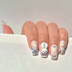 Glass Bunny Press On Nails | Cute Glossy Character Handmade 3D Gel Nails | Pink and Blue Miffy Bunny Nail Art | Sparkle French Tip