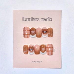 Cocoberry Bear Press Ons | Dessert Themed Kuma Handmade 3D Gel Nails | Cute Strawberry Chocolate Rilakkuma Bear Nail Art