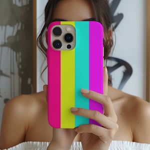 Matching Summer Rainbow Neon Stripes Phone Case iPhone 14 13 12 Pro Max Mini X Xs Xr SE Tough Case, Samsung Galaxy S20 S21 S22 Ultra image 1