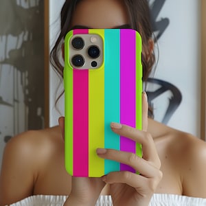 Matching Summer Rainbow Neon Stripes Phone Case iPhone 14 13 12 Pro Max Mini X Xs Xr SE Tough Case, Samsung Galaxy S20 S21 S22 Ultra image 1