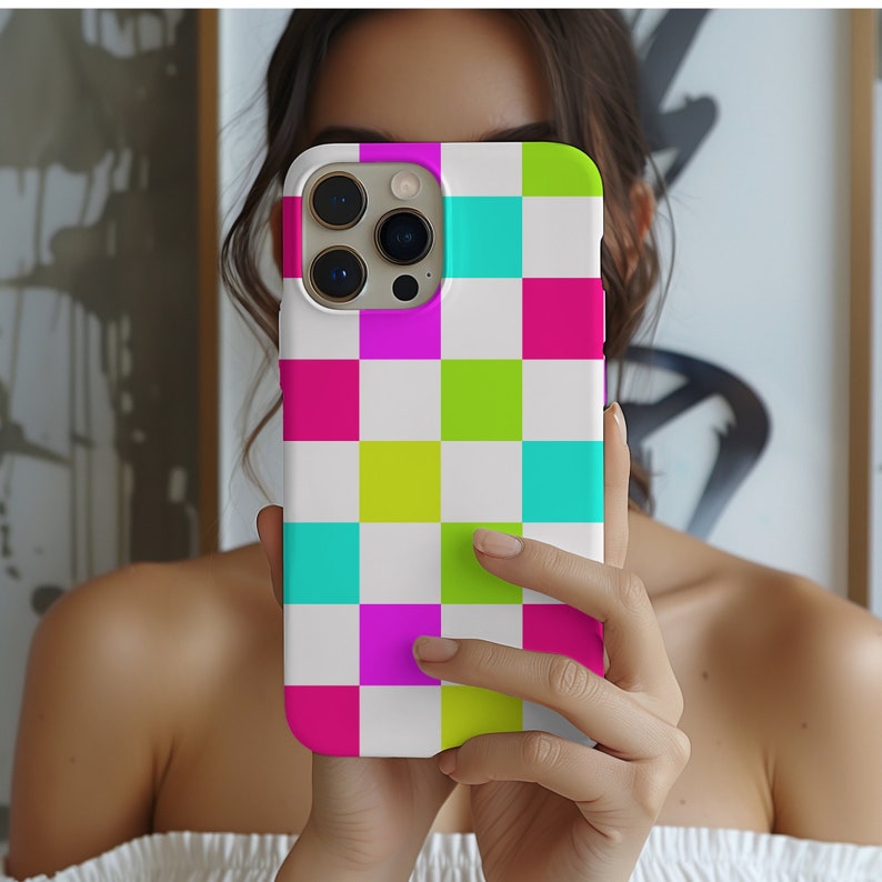 Retro Neon Checkerboard Design Phone Case iPhone 14 13 12 Pro Max Mini X Xs Xr SE Tough Case, Samsung Galaxy S20 S21 S22 Ultra image 1