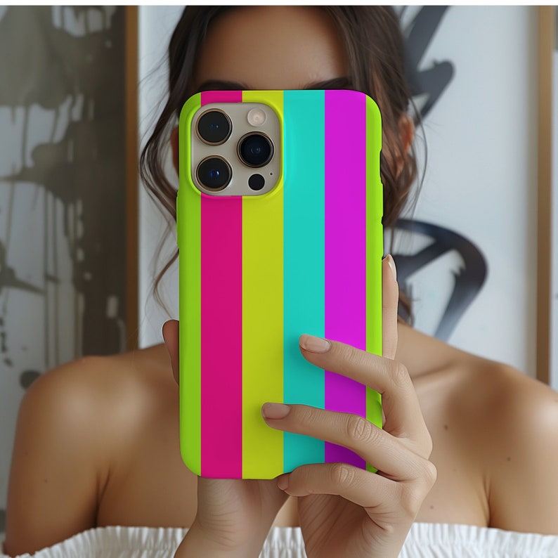 Matching Summer Rainbow Neon Stripes Phone Case iPhone 14 13 12 Pro Max Mini X Xs Xr SE Tough Case, Samsung Galaxy S20 S21 S22 Ultra image 1