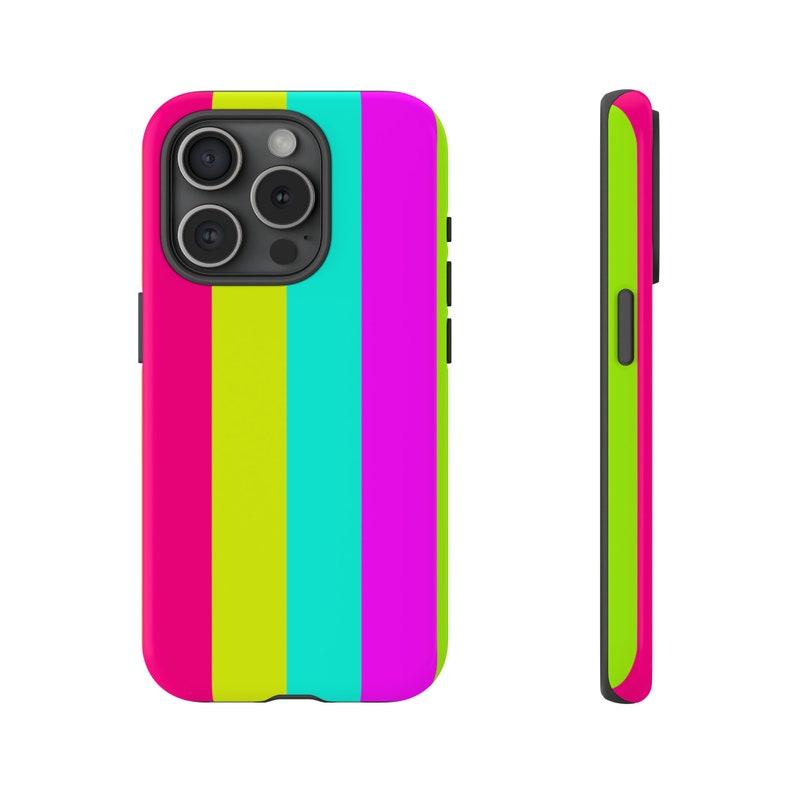 Matching Summer Rainbow Neon Stripes Phone Case iPhone 14 13 12 Pro Max Mini X Xs Xr SE Tough Case, Samsung Galaxy S20 S21 S22 Ultra image 2