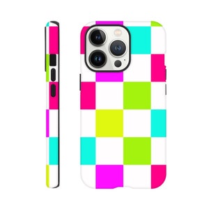 Retro Neon Checkerboard Design Phone Case iPhone 14 13 12 Pro Max Mini X Xs Xr SE Tough Case, Samsung Galaxy S20 S21 S22 Ultra image 2