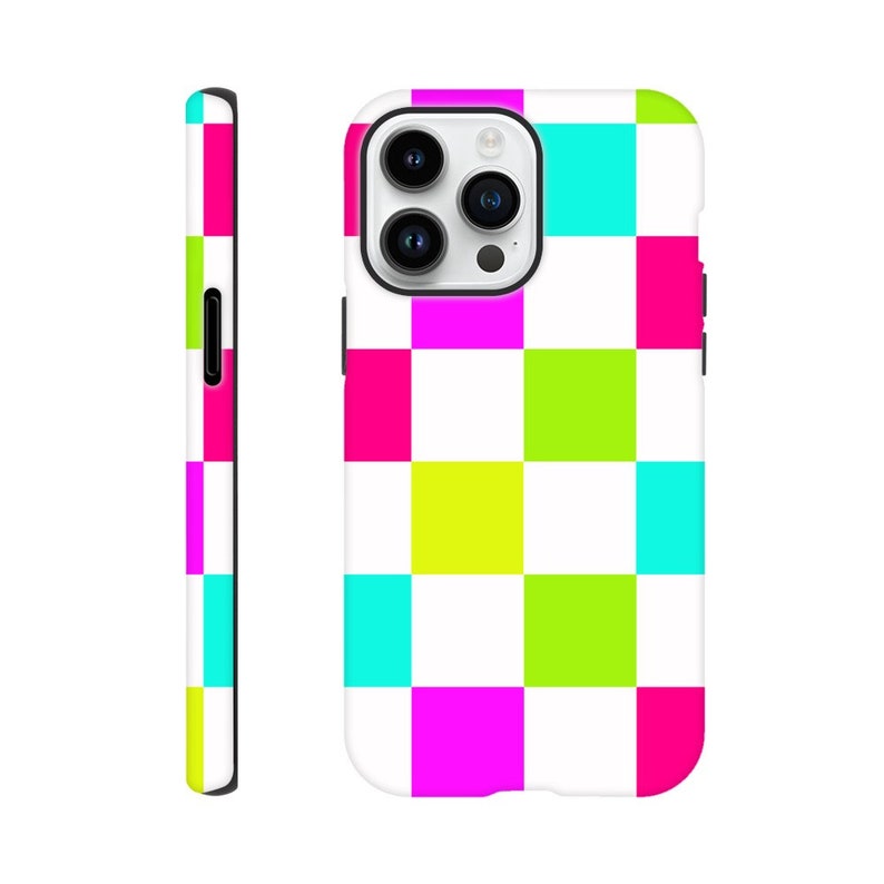 Retro Neon Checkerboard Design Phone Case iPhone 14 13 12 Pro Max Mini X Xs Xr SE Tough Case, Samsung Galaxy S20 S21 S22 Ultra image 3