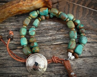 Genuine Indian Head Nickel & Turquoise Button Bracelet