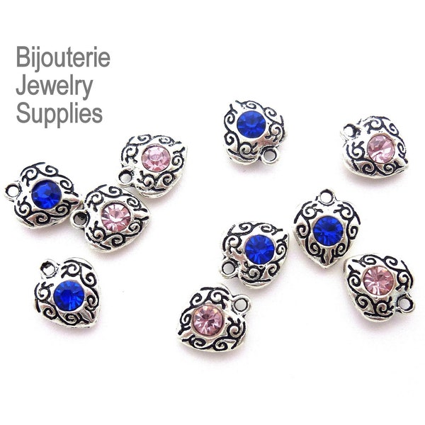 Filigree Heart Charm Pendants with Sparkly Rhinestone Center, 12x10mm Antique Silver, Pink or Blue, More Colors and Finishes Coming Soon