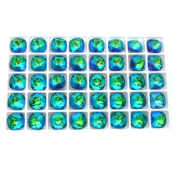 Sphinx Blue Green Loose Crystals, 4470 12mm Fancy Cushion Cut Rounded Square, Foiled Back, DIY Jewelry Supplies, Multi Pack Discount