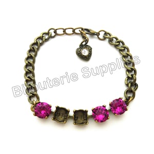 Bracelet Base for Jewelry Making, 5 Settings Empty Cup Chain for 8mm 39ss Chatons, Select Your Heart Charm Crystal Color, Antique Brass
