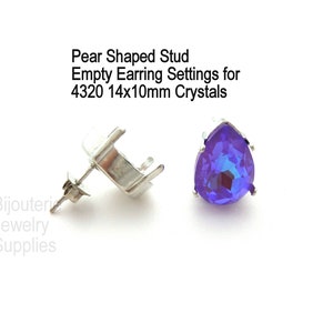 Empty Earring Settings For 14x10mm Pear Shape Crystals, Base Fits Swarovski Article 4320, Studs Posts Silver Tone Over Brass, DIY Jewelry