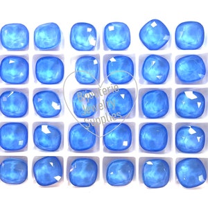 Sky Blue Lacquered Loose Crystals, 4470 12mm Fancy Cushion Cut, Rounded Square, Sparkly Colors, DIY Jewelry Supplies, Packs of 2