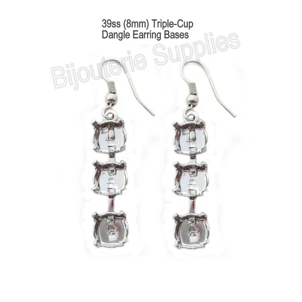 Triple Drop Empty Cup Dangle Earring Settings for 8mm (39ss) Chatons or Flat Back Cabochons, Rhodium Plated, DIY Jewelry Supplies