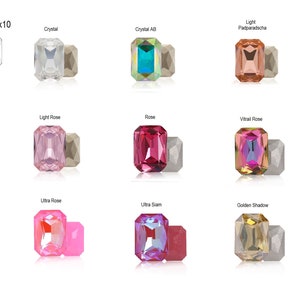 May include: Assortment of 14x10 mm emerald-shaped rhinestones in various colours, including crystal, light rose, rose, vitrail rose, ultra rose, ultra siam, golden shadow, and light padparadscha.