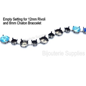 May include: Empty setting for 12mm Rivoli and 8mm Chaton bracelet. The bracelet is made of silver tone metal and has a clasp closure. The bracelet is shown with blue and light blue rhinestones.