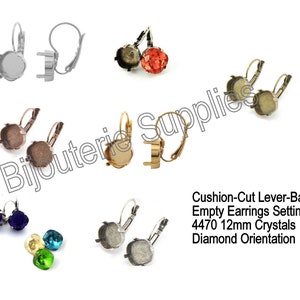 May include: A set of 12mm cushion-cut lever-back earring settings for crystals. The settings are made of metal and have a gold finish. The settings are shown with different colored crystals.