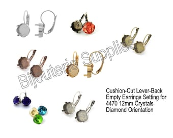 Empty Earring Settings For 12mm Cushion Cut Crystals, Base Fits Swarovski Article 4470 Square, Drop Levers Assorted Finishes, DIY Jewelry