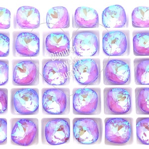 Violet Iridescent Shimmer Loose Crystals, 4470 12mm Fancy Cushion Cut, Rounded Square, Assorted Colors, DIY Jewelry Supplies, Packs of 2