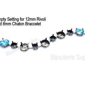 May include: A silver bracelet with empty settings for 12mm Rivoli and 8mm Chaton stones. The bracelet has a lobster clasp and is decorated with blue and turquoise stones.