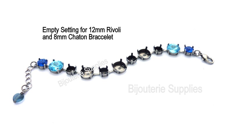 May include: A silver bracelet with empty settings for 12mm Rivoli and 8mm Chaton stones. The bracelet has a lobster clasp and is decorated with blue and turquoise stones.