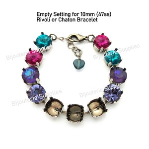 May include: Empty setting for a 10mm (47ss) bracelet. The setting is made of silver metal and has a heart-shaped clasp. The setting is designed to hold round stones, such as rivoli or chaton.