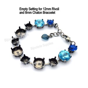 May include: Empty setting for a bracelet with 12 mm Rivoli and 8 mm Chaton settings. The bracelet is made of silver tone metal and has a lobster clasp closure.