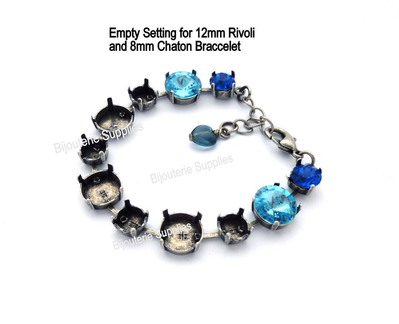 May include: Empty setting for a bracelet with 12 mm Rivoli and 8 mm Chaton settings. The bracelet is made of silver tone metal and has a lobster clasp closure.
