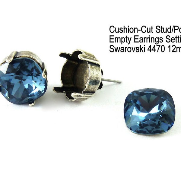 Empty Earring Settings For 12mm Square Cushion Cut Crystals, Base Fits Swarovski Article 4470, Studs Posts, Assorted Finishes, DIY Jewelry