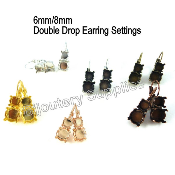 Empty Cup Double Stone Earring Settings For 6mm and 8mm Crystals, Base Fits Swarovski Article 1088, Drop Lever Back, Assorted Finishes