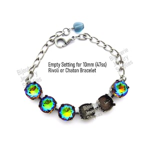 May include: A silver bracelet with empty settings for 10mm (47ss) chatons or rivoli crystals. The bracelet has a lobster clasp and is made of a chain link design. The bracelet is shown with iridescent rainbow colored chatons.