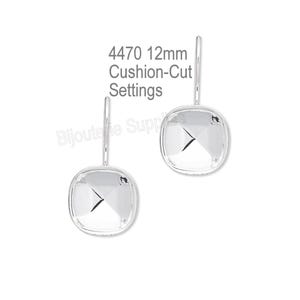 May include: A pair of silver-toned earrings with a cushion-cut, clear crystal setting. The earrings are 12mm in size and have a simple, elegant design. Text on the image reads "4470 12mm Cushion-Cut Settings".