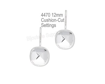 Blank Glue-In Earring Setting, 4470 12mm Cushion Cut, Bezel Silver Plated Drops, DIY Jewelry Findings for Swarovski Preciosa Aurora Crystals