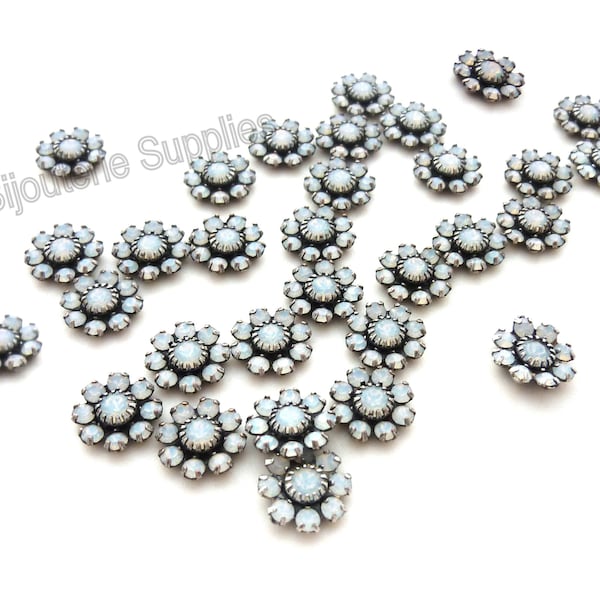 Austrian Crystal Flowers, White Opal Dainy Crystal Flowers for DIY Jewelry, Antique Silver, Embellishments Fit into 8mm Empty Cup Chains (6)