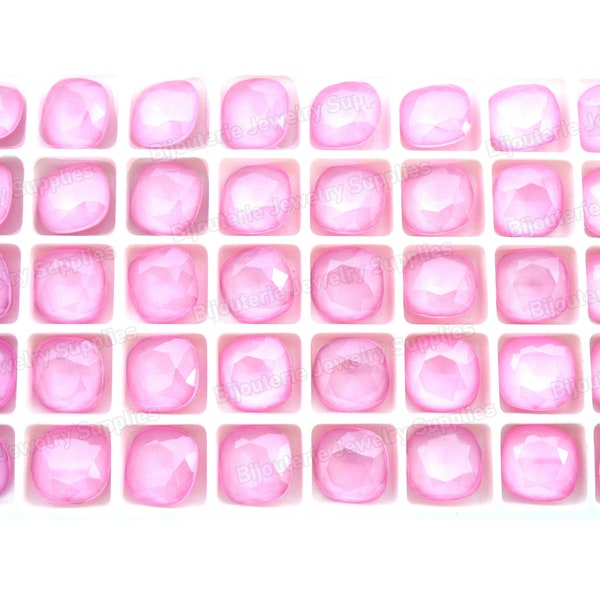 Aurora Powder Rose Loose Lacquer Crystals, 4470 12mm Fancy Cushion Cut, Rounded Square, Light Pink DIY Jewelry Supplies, Quantity Discount