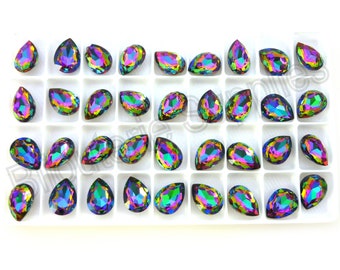 Aurora Crystal Volcano Loose Crystals, 4320 14x10mm Fancy Pear Teardrop, Foiled Point Back for Gluing or Setting, DIY Jewelry Supplies