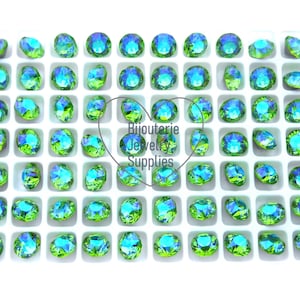 Aurora Peridot Shimmer, Green Blue Loose Foiled Back Crystals, 1088 8mm Round 39ss Chatons, Empty Cup Chain Point Back, Quantity Discounts