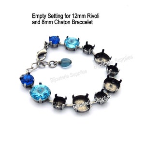 May include: Empty setting for a bracelet with 12mm Rivoli and 8mm Chaton settings. The bracelet is made of silver tone metal and has a lobster clasp.