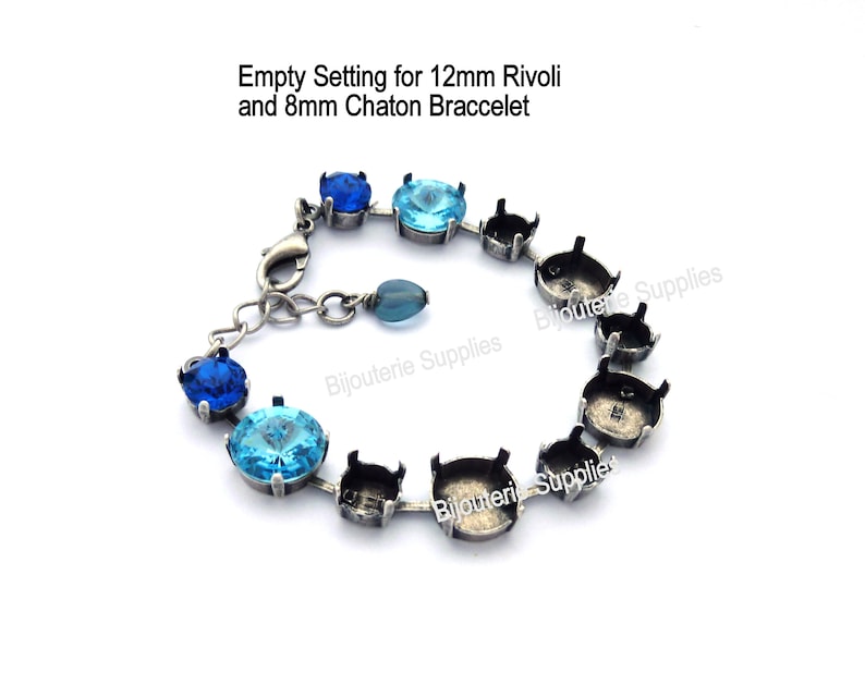 May include: Empty setting for a bracelet with 12mm Rivoli and 8mm Chaton settings. The bracelet is made of silver tone metal and has a lobster clasp.